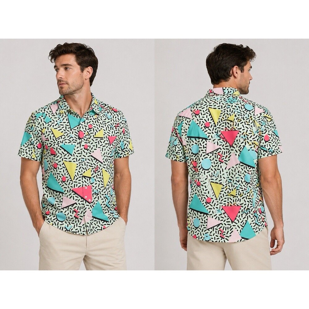 Retro 80s 90s Geometric Button Up Shirt Mens Large Abstract Memphis Style Camp